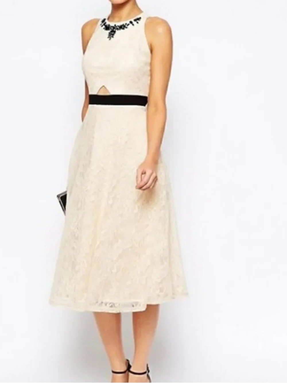 Little Mistress Ivory Lace Midi Dress with Black Waistband